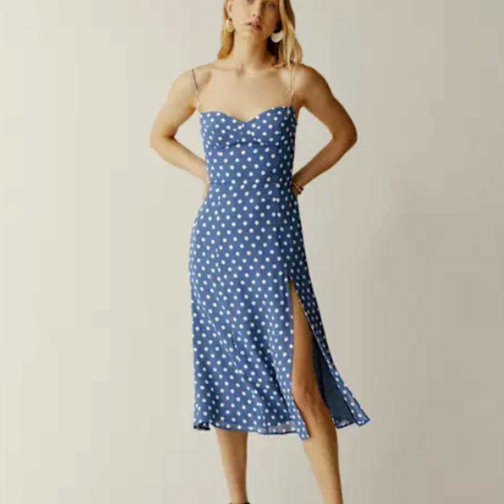 Reformation Juliete Blue (Lazuli) Dress With Cream Polka Dots, Size 10, 8